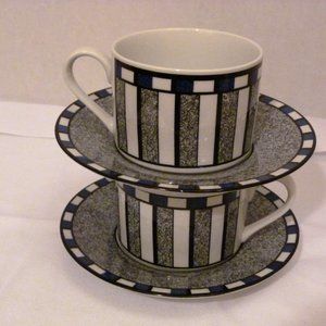 ATHENA by TOGNANA Italy Porcelain 2 Sets of Cups and Saucers Blue White Stripes